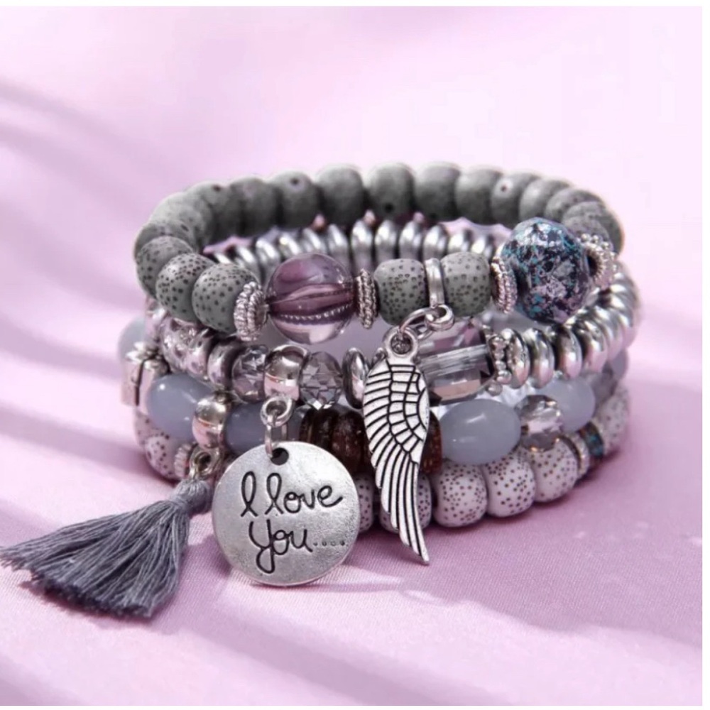 Grey Tone 4 Piece Boho Multi layer Natural Stone Tassel Bracelet
